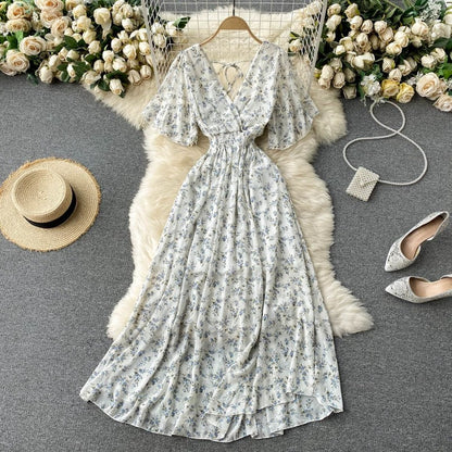 Women's Maxi Dress - V-Neck Shirred Waist - Short Flowing Sleeves - Elegant Fit