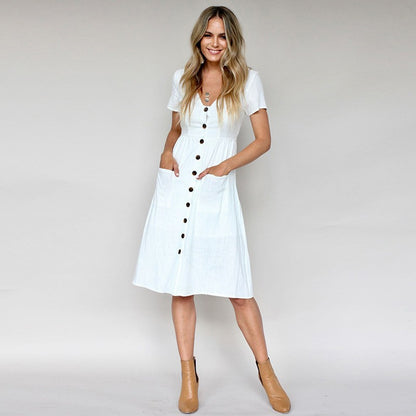 Women's Midi Dress - V-Neck Button Down - Short Sleeve Casual Fit