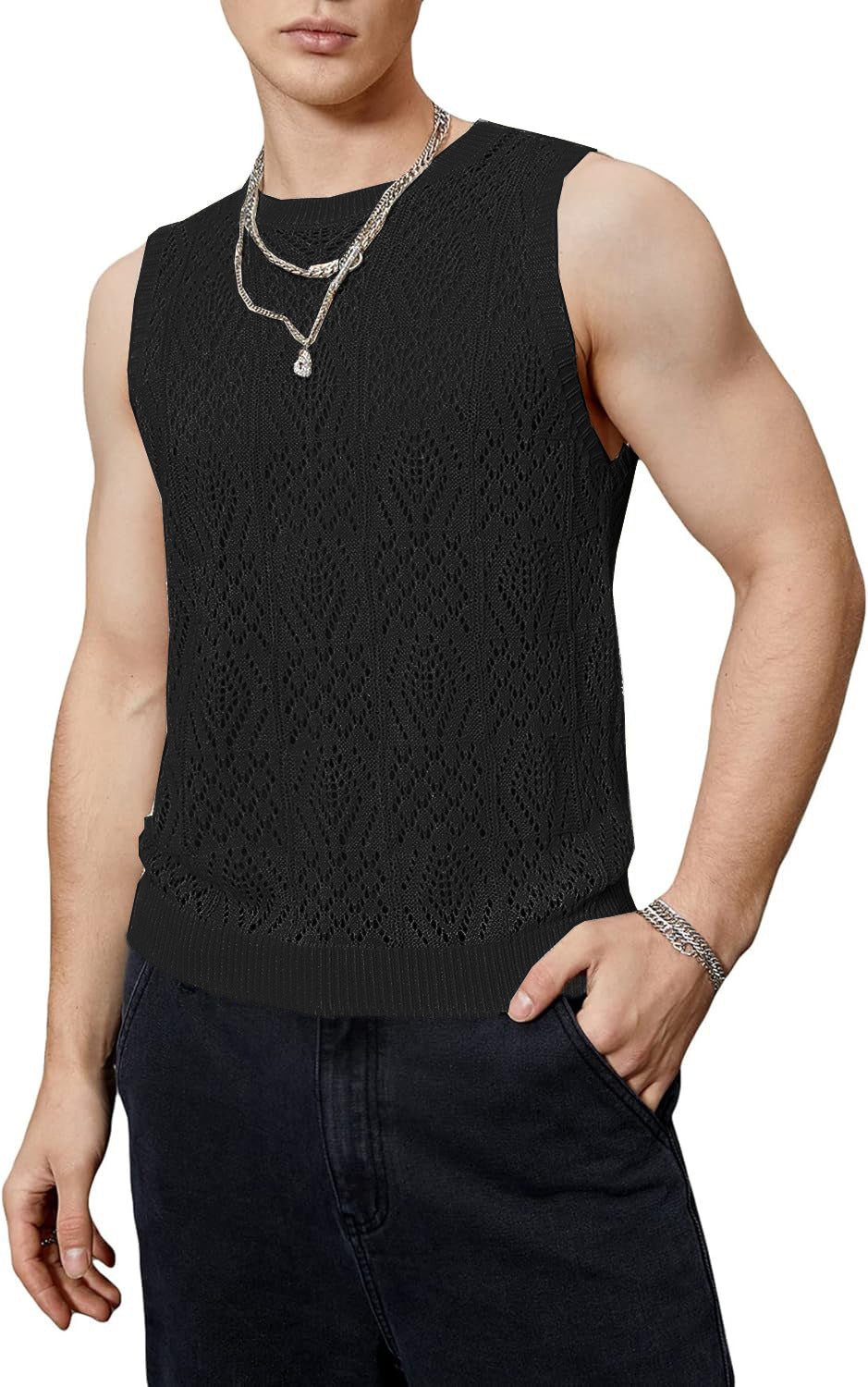 Men’s Crochet Tank Top - Sleeveless Geometric Knit - Lightweight & Breathable