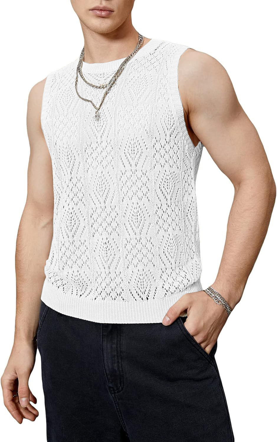 Men’s Crochet Tank Top - Sleeveless Geometric Knit - Lightweight & Breathable
