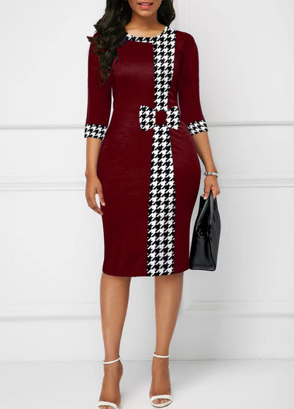 Stylish Hip-Wrapped Three-Quarter Sleeve Puzzle Print Dress for Women