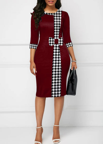 Stylish Hip-Wrapped Three-Quarter Sleeve Puzzle Print Dress for Women