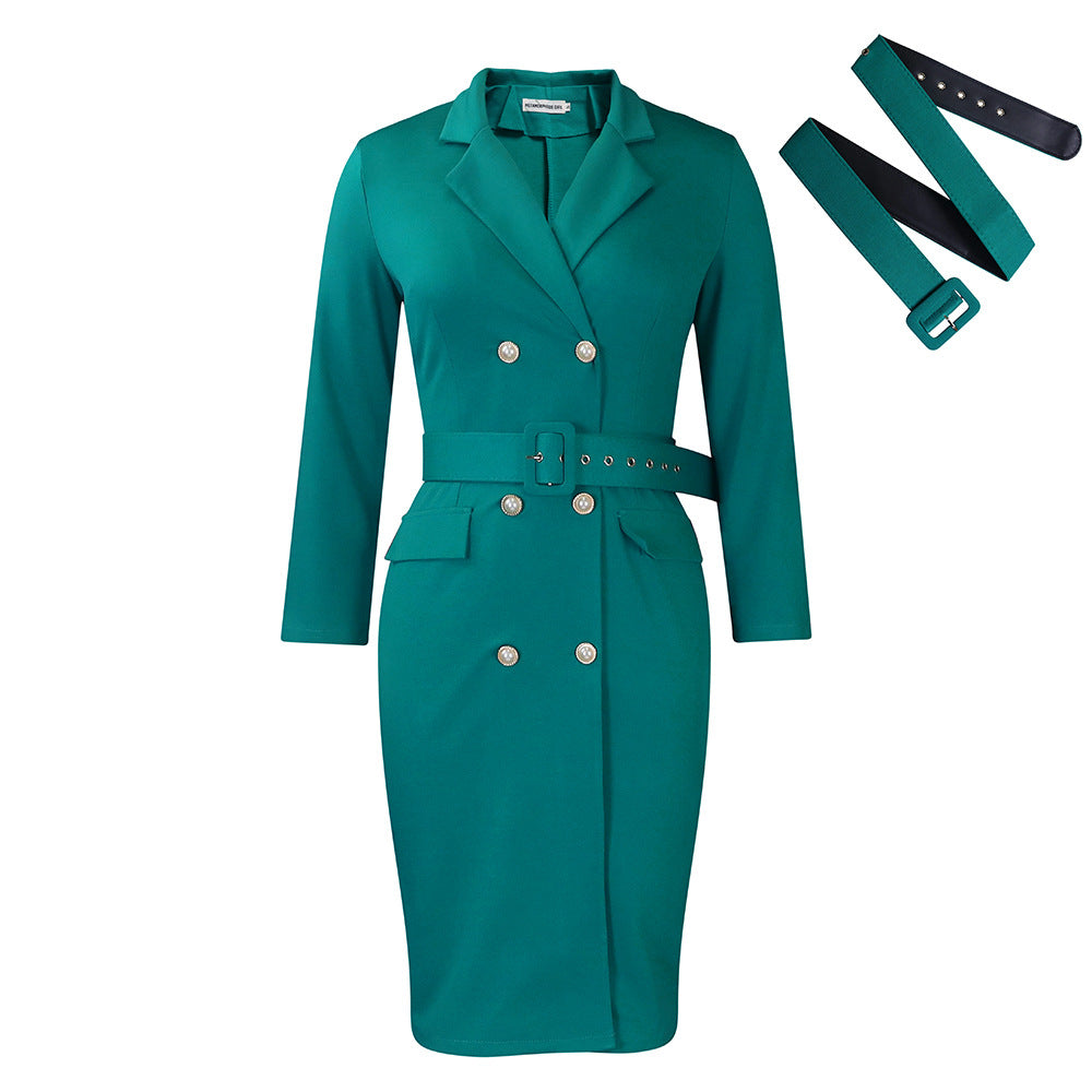 Women’s Bodycon Blazer Dress With Belt – Office Workwear – Long Sleeve Midi Dress – Double Breasted – Slim Fit