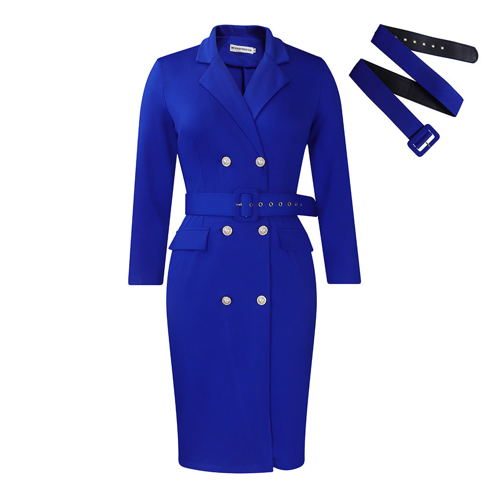 Women’s Bodycon Blazer Dress With Belt – Office Workwear – Long Sleeve Midi Dress – Double Breasted – Slim Fit