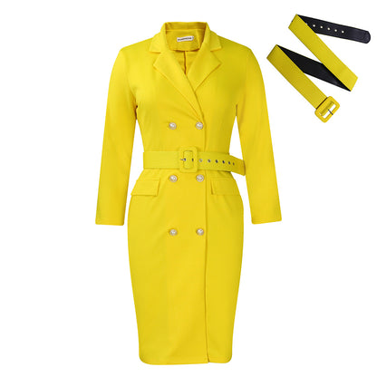 Women’s Bodycon Blazer Dress With Belt – Office Workwear – Long Sleeve Midi Dress – Double Breasted – Slim Fit