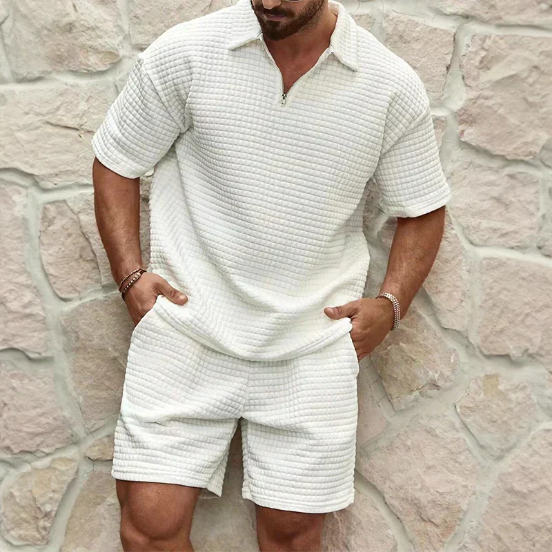 Men’s Short Set – Relaxed Fit – Soft Textured Fabric – Half Zip Top – Elastic Waistband