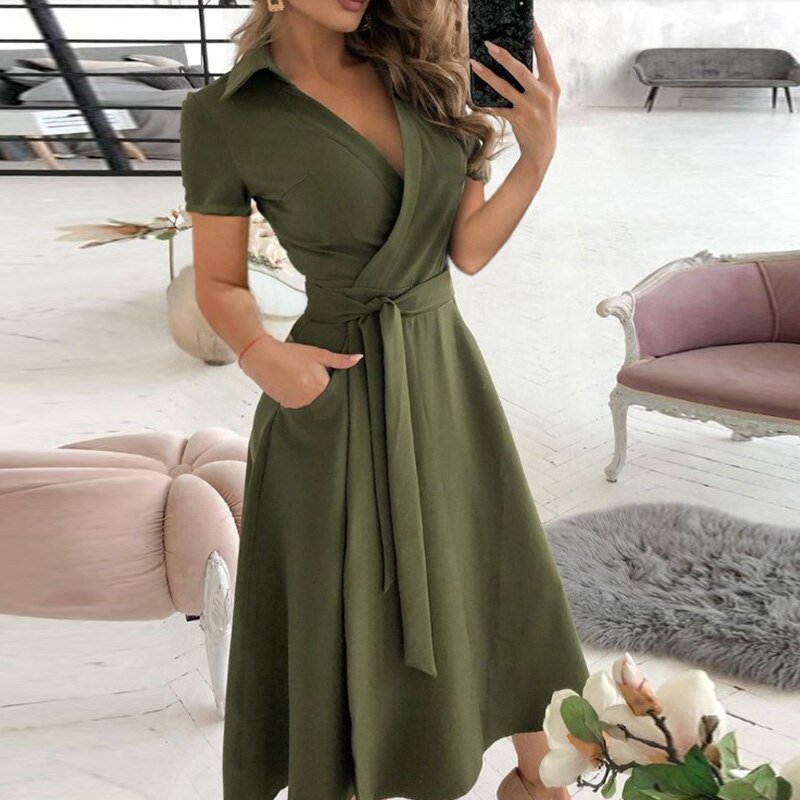 Women's Off-Shoulder Dress - A-Line Silhouette - Three-Quarter Sleeves - Belted Waist