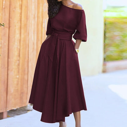 Women's Off-Shoulder Dress - A-Line Silhouette - Three-Quarter Sleeves - Belted Waist