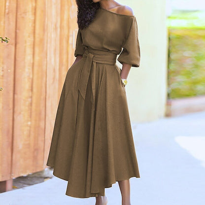 Women's Off-Shoulder Dress - A-Line Silhouette - Three-Quarter Sleeves - Belted Waist