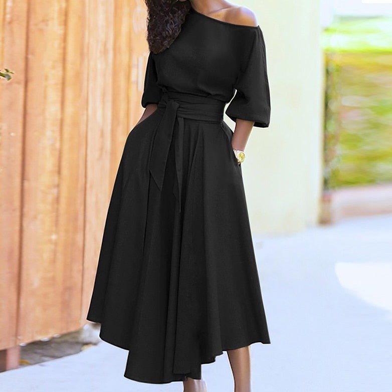 Women's Off-Shoulder Dress - A-Line Silhouette - Three-Quarter Sleeves - Belted Waist