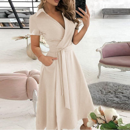 Women's Off-Shoulder Dress - A-Line Silhouette - Three-Quarter Sleeves - Belted Waist