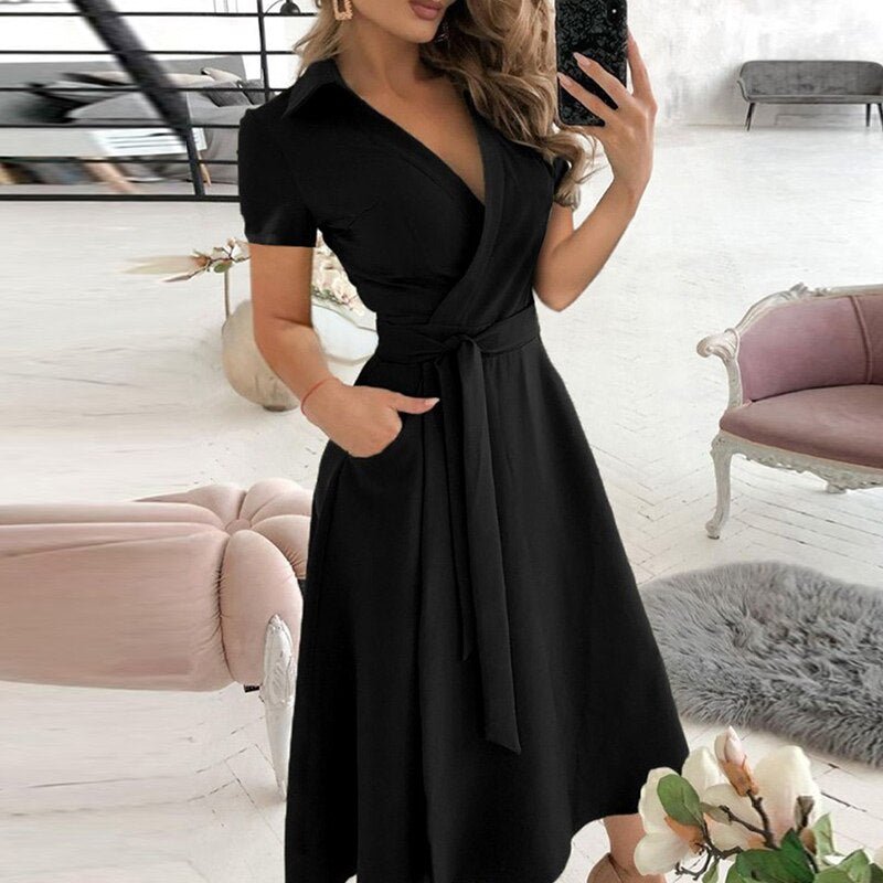 Women's Off-Shoulder Dress - A-Line Silhouette - Three-Quarter Sleeves - Belted Waist