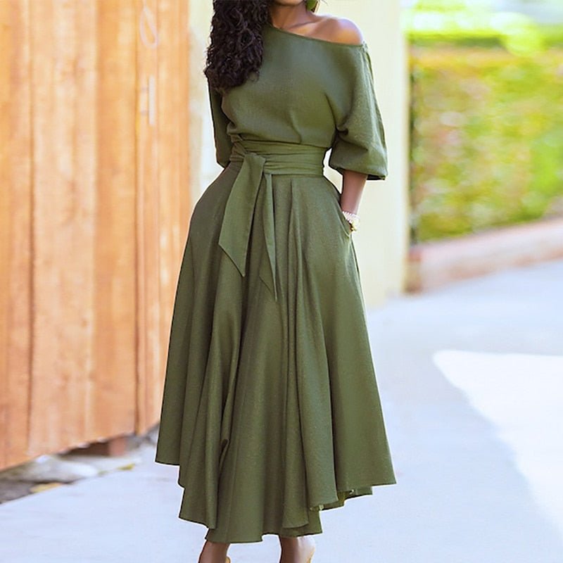 Women's Off-Shoulder Dress - A-Line Silhouette - Three-Quarter Sleeves - Belted Waist