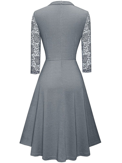 Women's A-Line Dress - High Neck - Lace 3/4 Sleeves - Elegant Semi-Formal Wear