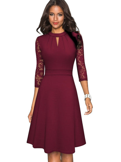 Women's A-Line Dress - High Neck - Lace 3/4 Sleeves - Elegant Semi-Formal Wear