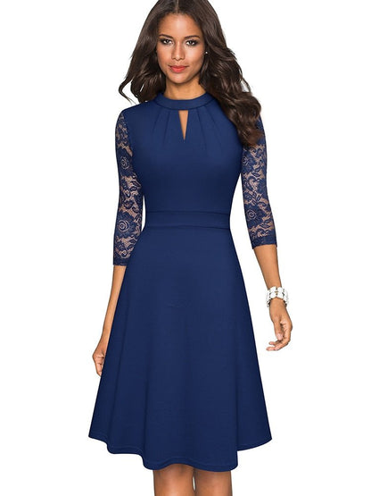 Women's A-Line Dress - High Neck - Lace 3/4 Sleeves - Elegant Semi-Formal Wear