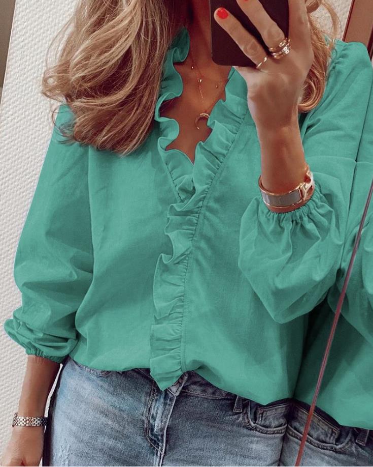 Women's Long-Sleeve Blouse with Ruffles and V-Neck