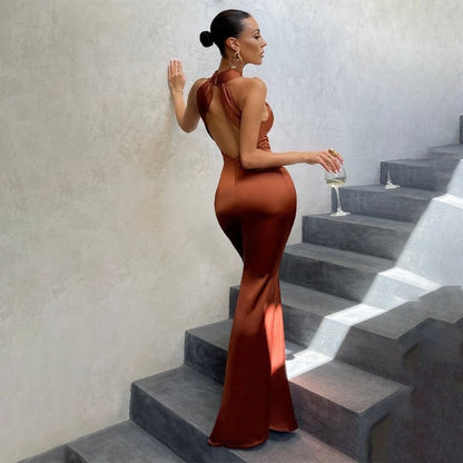 Women’s Evening Gown - Halter Neck - Floor Length - Satin Finish - Elegant Fit