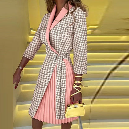 Women's Coat Dress - Houndstooth Pattern - Tie-Waist Belt - Pleated Skirt - Three-Quarter Sleeve