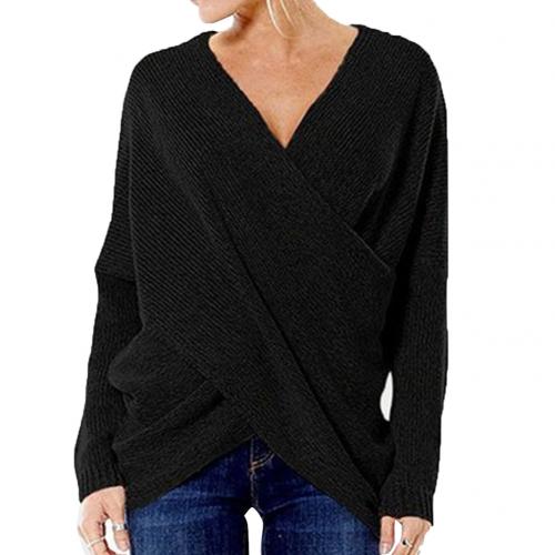 Women’s Pullover Sweater – Relaxed Fit – Wool Blend – Crossover V-Neck – Ribbed Knit