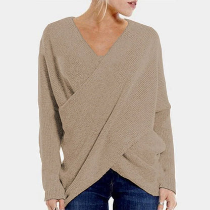 Women’s Pullover Sweater – Relaxed Fit – Wool Blend – Crossover V-Neck – Ribbed Knit