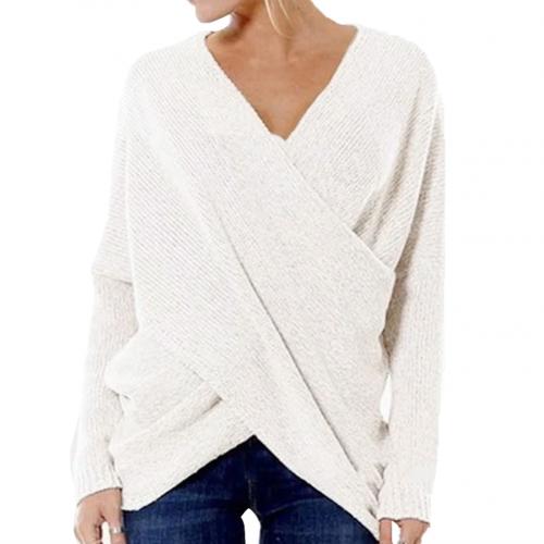 Women’s Pullover Sweater – Relaxed Fit – Wool Blend – Crossover V-Neck – Ribbed Knit