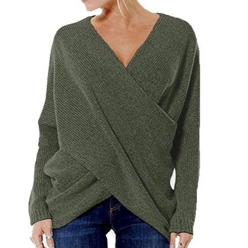 Women’s Pullover Sweater – Relaxed Fit – Wool Blend – Crossover V-Neck – Ribbed Knit