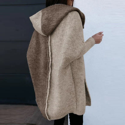 Women’s Hooded Cardigan – Wool Knit – Oversized Fit – Open Front Patchwork Style