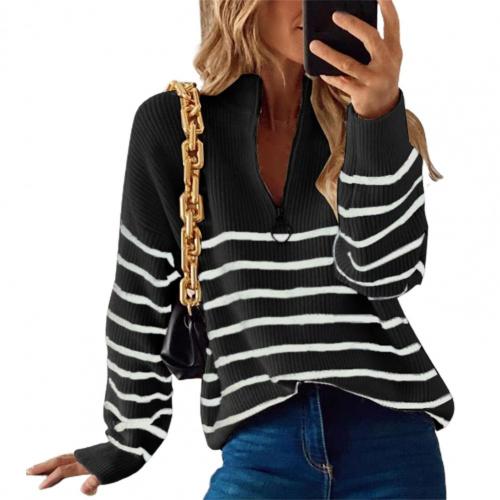 Women’s Pullover Sweater – Relaxed Fit – Ribbed Knit – Zip Collar – Striped – Long Sleeve