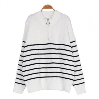 Women’s Pullover Sweater – Relaxed Fit – Ribbed Knit – Zip Collar – Striped – Long Sleeve