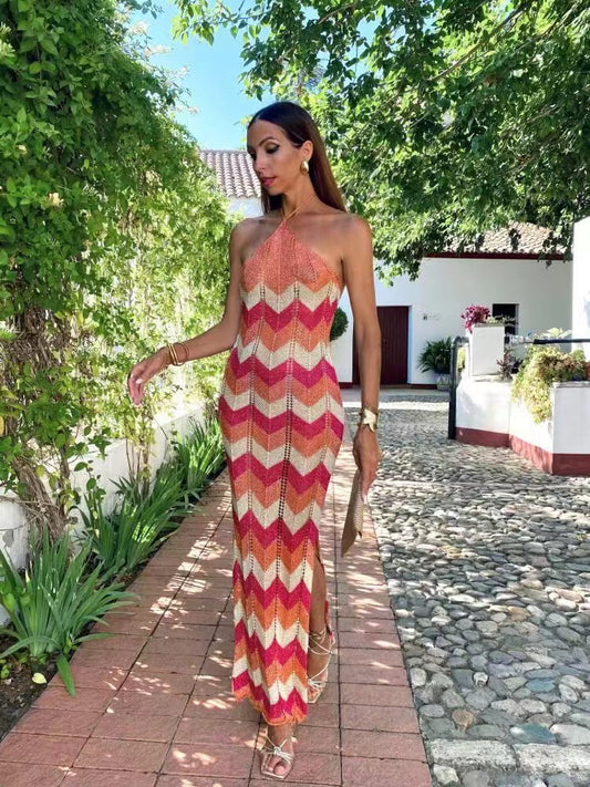 Women's Halter-Neck Maxi Dress - Zigzag Pattern - Sleeveless - High Slit Elegant Fit