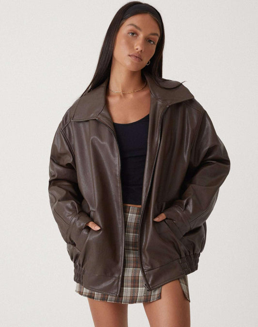 Women’s Leather Jacket – Oversized Fit – Hip Length – Zipper Front – Casual Style