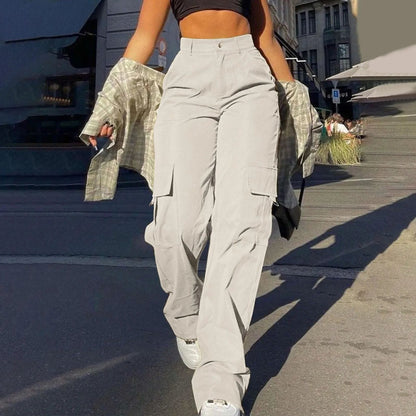Women’s Cargo Trousers – High Waist – Relaxed Fit –  Utility Pockets – Full Length