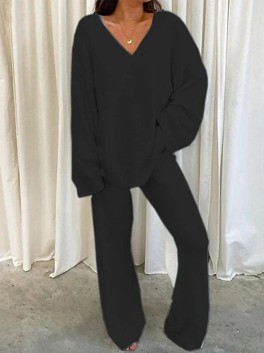 Women’s Lounge Set – Soft Knit – V-Neck Top – Relaxed Fit – Full Length Pants