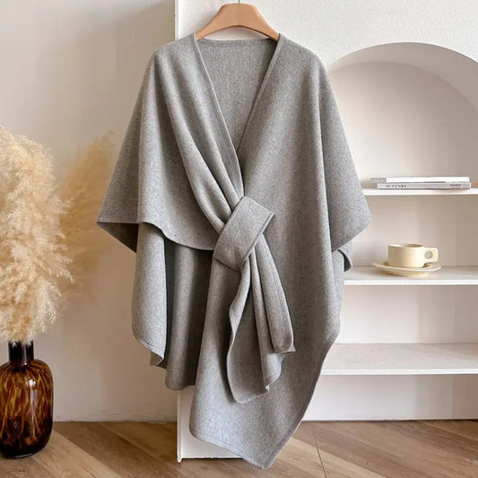 Women’s Poncho Shawl Coat – Wool – Draped Fit – Waist Tie – Knee Length