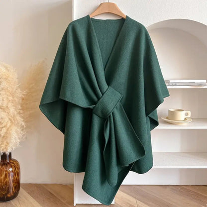 Women’s Poncho Shawl Coat – Wool – Draped Fit – Waist Tie – Knee Length