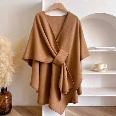 Women’s Poncho Shawl Coat – Wool – Draped Fit – Waist Tie – Knee Length