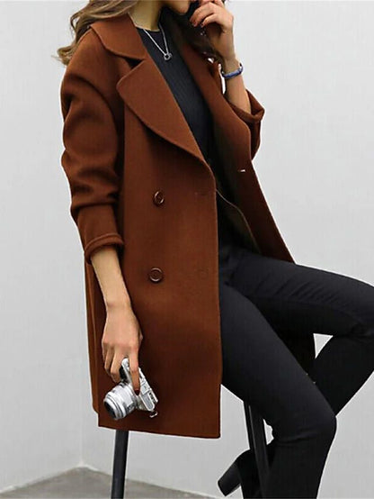 Women’s Double-Breasted Coat – Structured Fit – Wool Blend – Wide Lapels – Knee Length