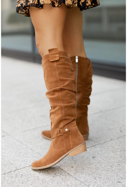 Women’s Knee-High Boots – Suede Finish – Low Heel – Round Toe – Side Zip – Buckle Detail