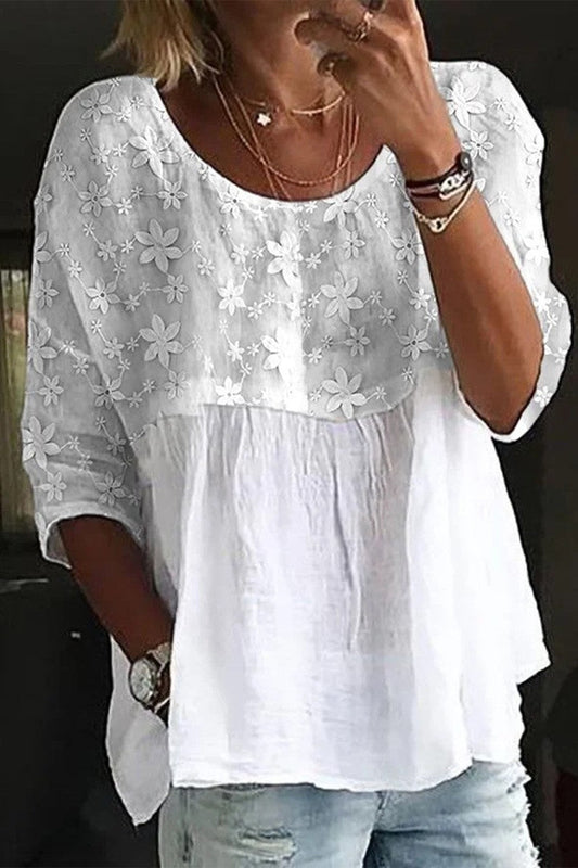 Women’s Loose Fit Shirt – Cotton Lace – Floral Embroidery – Crew Neck – Full Sleeve