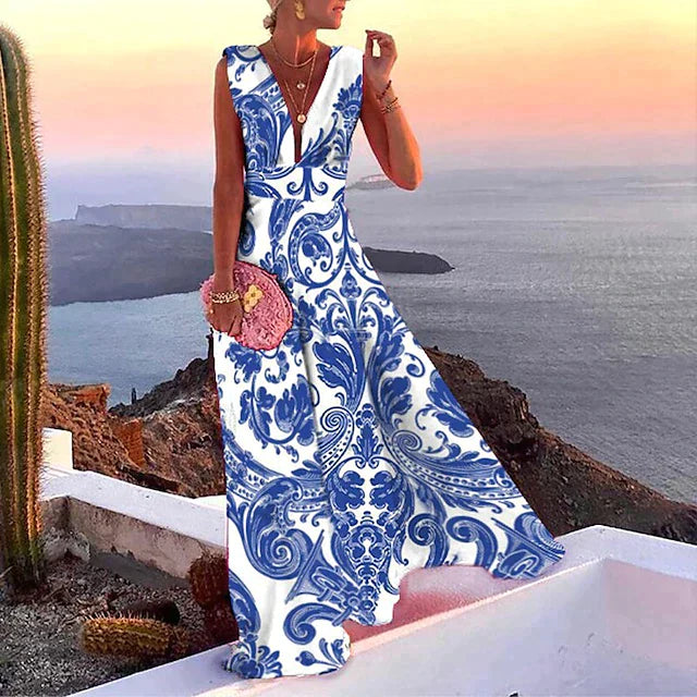 Women’s Maxi Dress – Flowy Fit – Sleeveless – Deep V-Neck – Bold Floral Print – Breathable Blend