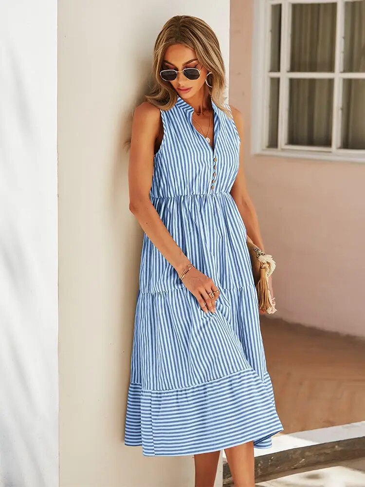 Women's Sleeveless Button-Down Dress - Tiered A-Line Fit - Collared Neckline