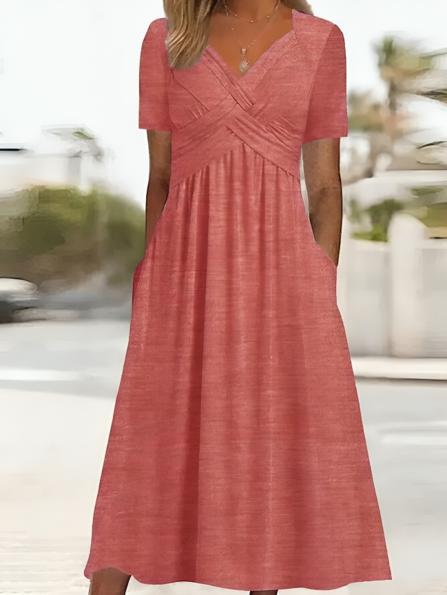 Women's A-Line Dress - Criss-Cross Bust - Short Sleeve - Knee-Length with Pockets