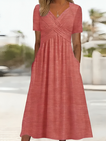 Women's A-Line Dress - Criss-Cross Bust - Short Sleeve - Knee-Length with Pockets