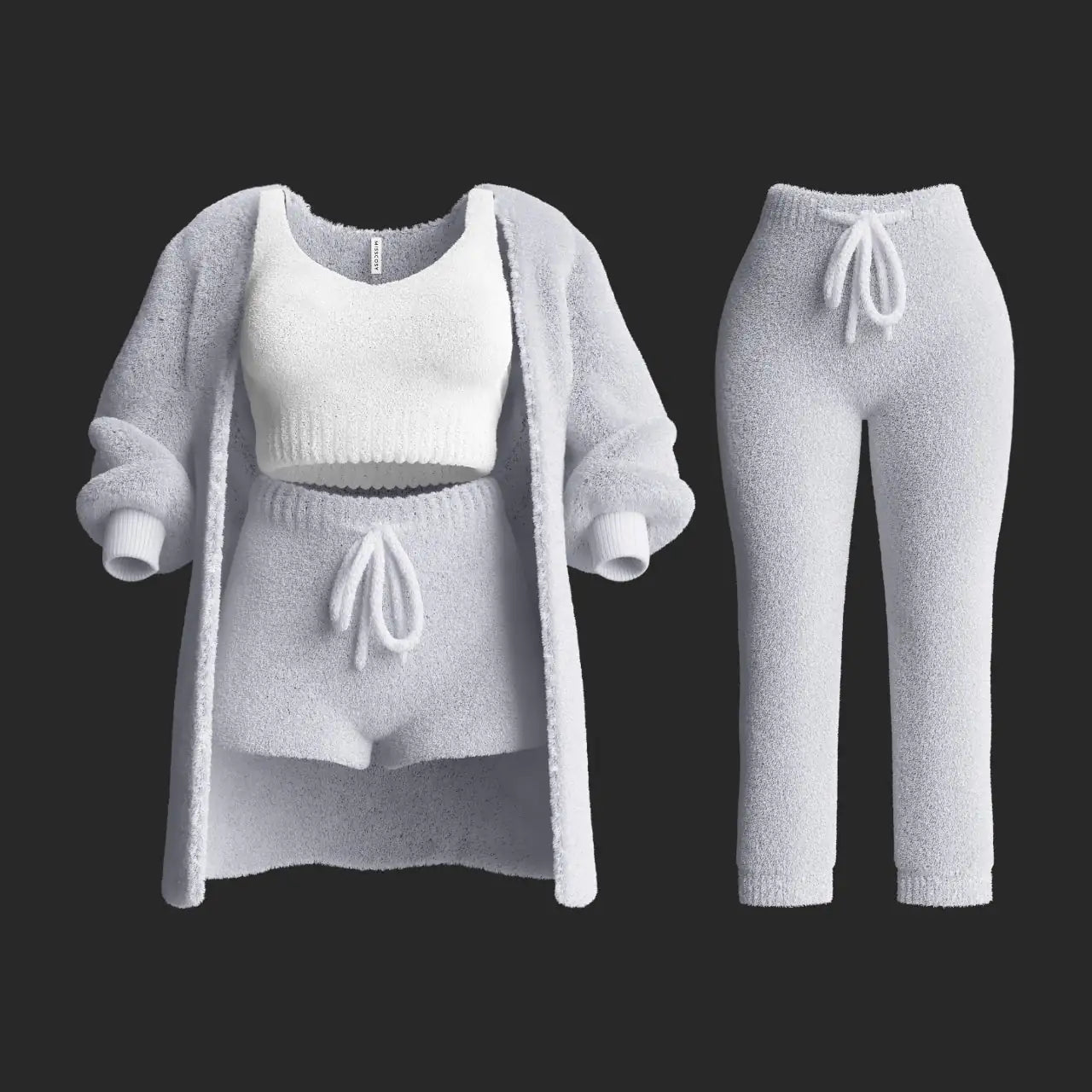 Womens plush knitted sweater with long sleeves and a cropped design, paired with shorts and pants in a four-piece set