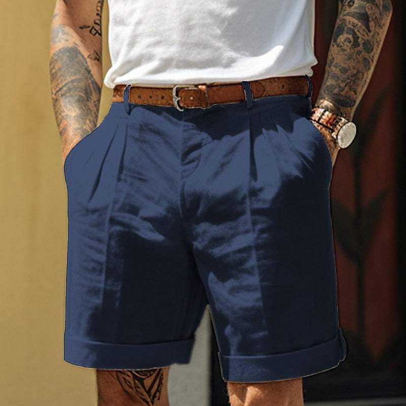 Men’s Tailored Shorts - Cotton Linen Blend - Pleated Front - Cuffed Hem - Breathable Fabric