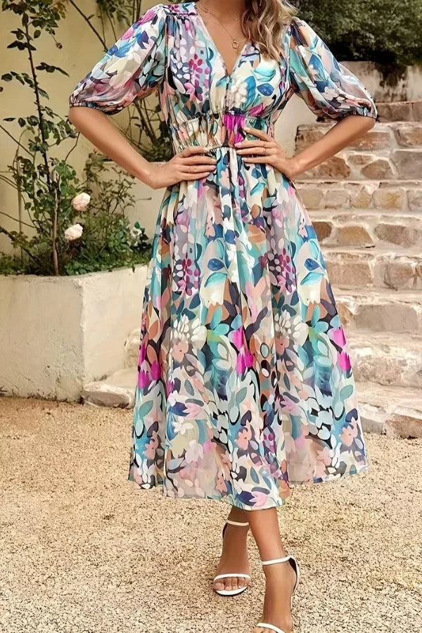 Women’s Midi Dress – Flowy Fit – V-Neck – Puff Sleeve – Elastic Waist – Floral Print