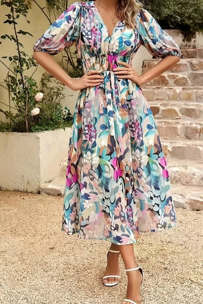 Women’s Midi Dress – Flowy Fit – V-Neck – Puff Sleeve – Elastic Waist – Floral Print