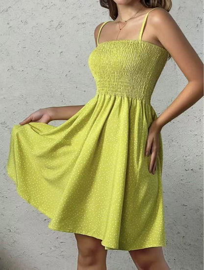 Women's Sundress - Smocked Bodice - Straight Neck - Spaghetti Straps - Flowy A-Line