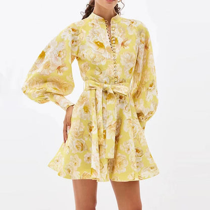Women’s Mini Dress – Floral Print – Deep V-Neck – Tiered Skirt – Long Sleeve